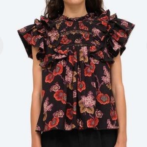 SEA NY Lucinda Seersucker Flutter Sleeve Top In Navy